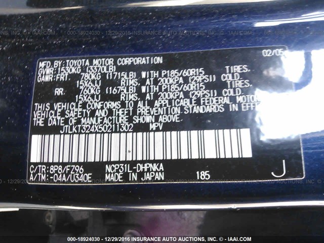 JTLKT324X50211302 - 2005 TOYOTA SCION XB BLACK photo 9