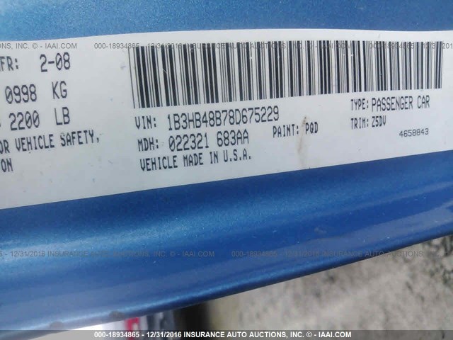 1B3HB48B78D675229 - 2008 DODGE CALIBER SXT BLUE photo 9