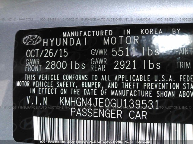 KMHGN4JE0GU139531 - 2016 HYUNDAI GENESIS 3.8L GRAY photo 9