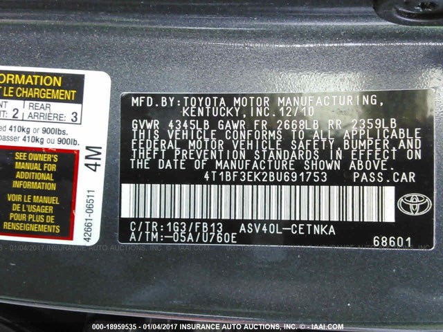 4T1BF3EK2BU691753 - 2011 TOYOTA CAMRY SE/LE/XLE GRAY photo 9