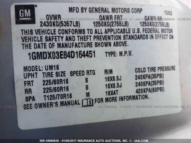 1GMDX03E84D164451 - 2004 PONTIAC MONTANA SILVER photo 9