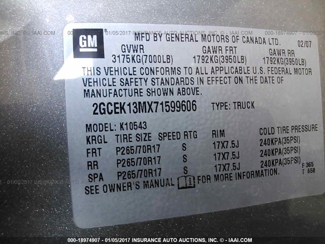 2GCEK13MX71599606 - 2007 CHEVROLET SILVERADO K1500 CREW CAB GRAY photo 9