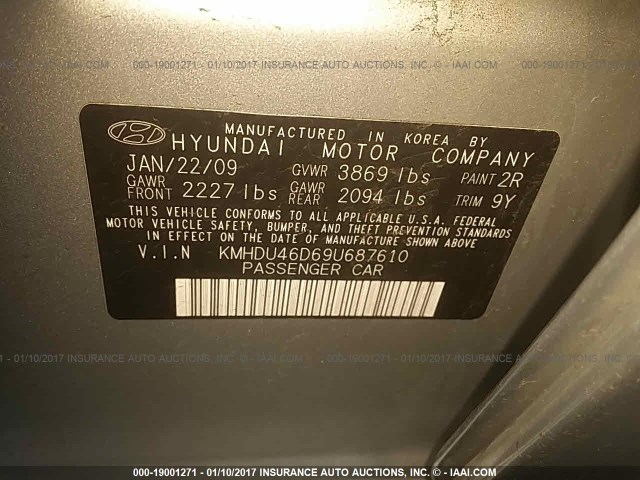 KMHDU46D69U687610 - 2009 HYUNDAI ELANTRA GLS/SE SILVER photo 9