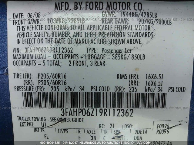 3FAHP06Z19R112362 - 2009 FORD FUSION S BLUE photo 9