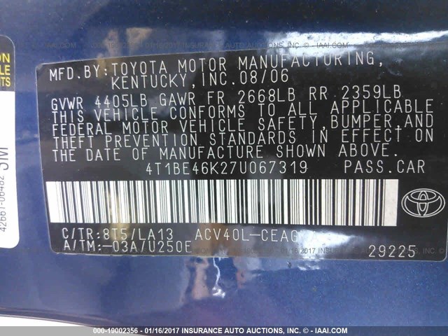 4T1BE46K27U067319 - 2007 TOYOTA CAMRY NEW GENERAT CE/LE/XLE/SE BLUE photo 9