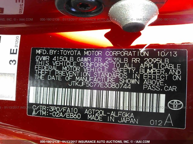 JTKJF5C77E3080744 - 2014 TOYOTA SCION TC 红色 照片 9