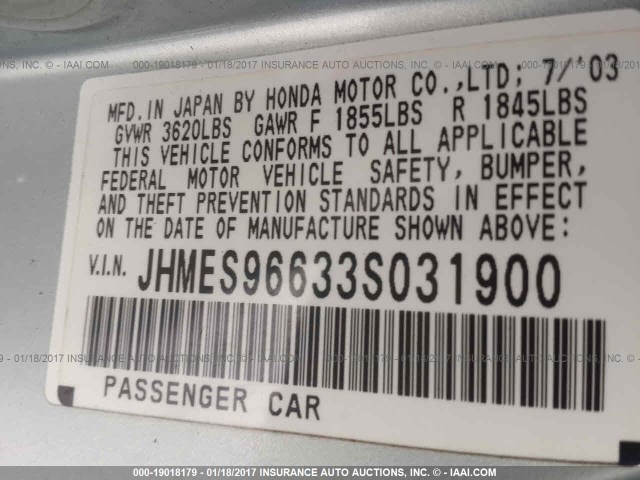 JHMES96633S031900 - 2003 HONDA CIVIC HYBRID Light Blue photo 9