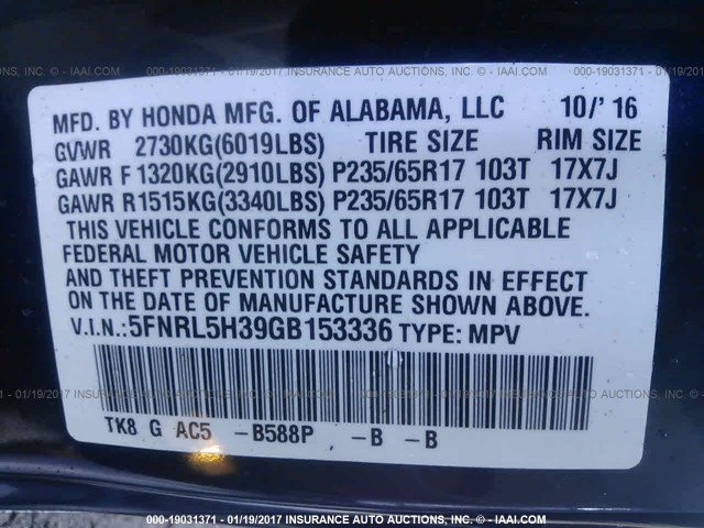 5FNRL5H39GB153336 - 2016 HONDA ODYSSEY SE BLUE photo 9