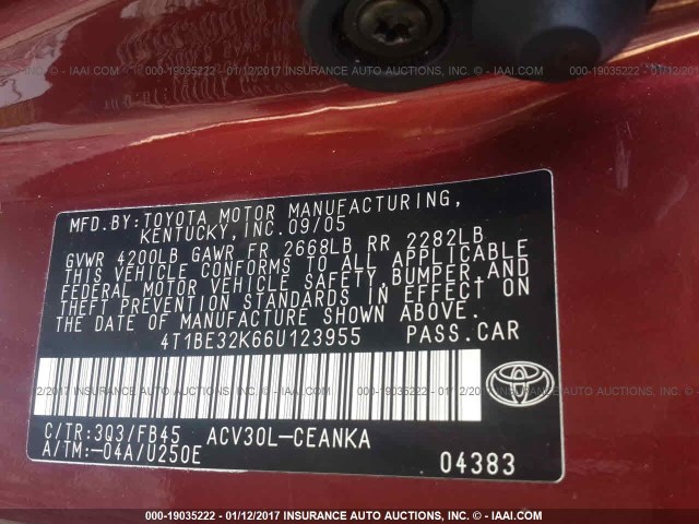 4T1BE32K66U123955 - 2006 TOYOTA CAMRY LE/XLE/SE წითელი ფოტო 9