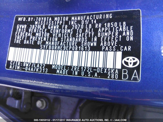 5YFBURHE9EP081613 - 2014 TOYOTA COROLLA L/LE/LE PLS/PRM/S/S PLS BLUE photo 9