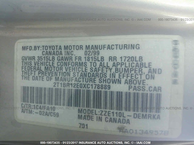 2T1BR12E0XC178889 - 1999 TOYOTA COROLLA VE/CE/LE 银色 照片 9