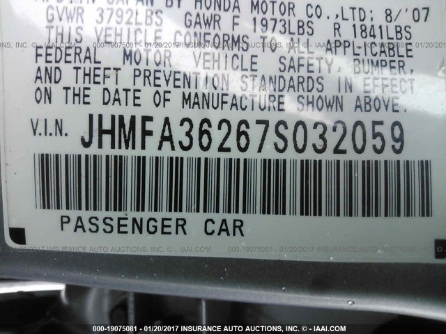 JHMFA36267S032059 - 2007 HONDA CIVIC HYBRID SILVER photo 9