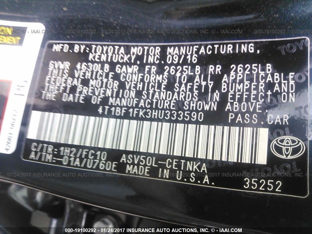 4T1BF1FK3HU333590 - 2017 TOYOTA CAMRY LE/XLE/SE/XSE BLUE photo 9