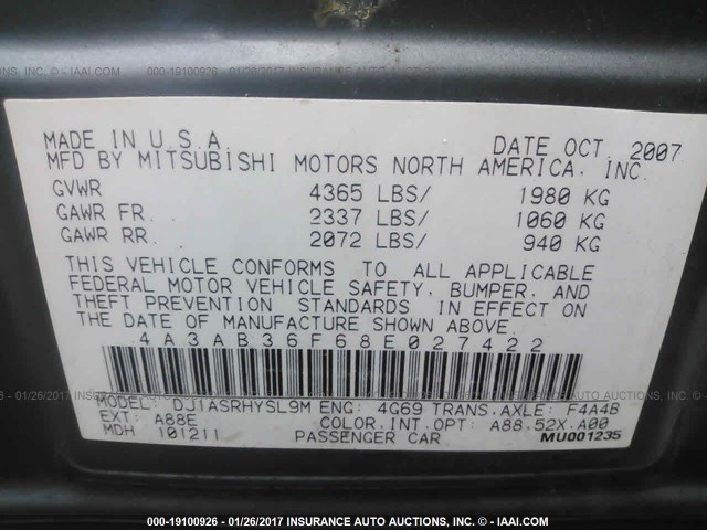 4A3AB36F68E027422 - 2008 MITSUBISHI GALANT ES GRAY photo 9