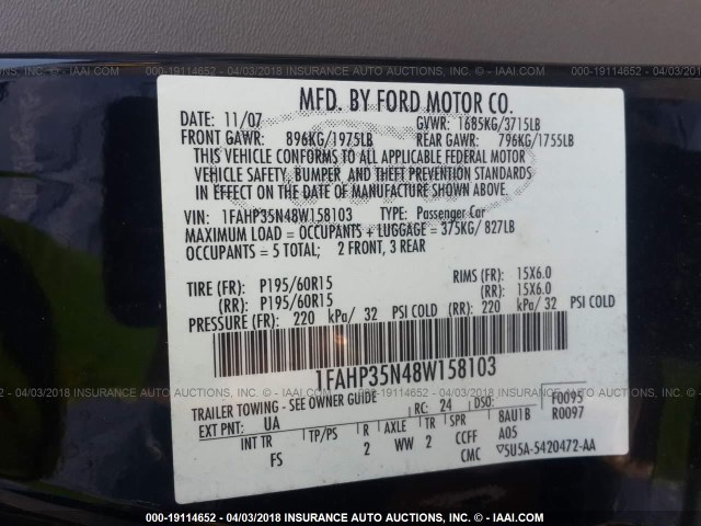 1FAHP35N48W158103 - 2008 FORD FOCUS SE/SEL/SES BLACK photo 9