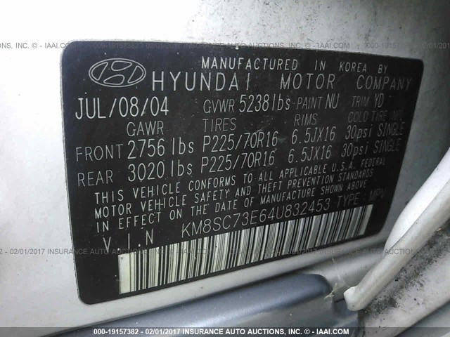 KM8SC73E64U832453 - 2004 HYUNDAI SANTA FE GLS/LX WHITE photo 9