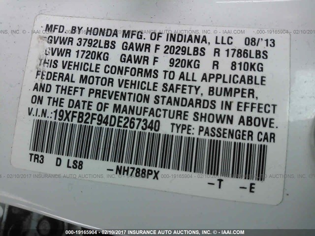 19XFB2F94DE267340 - 2013 HONDA CIVIC EXL WHITE photo 9