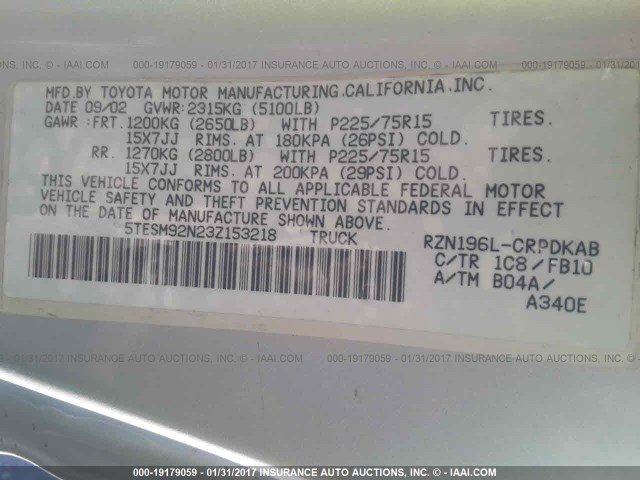 5TESM92N23Z153218 - 2003 TOYOTA TACOMA XTRACAB PRERUNNER ვერცხლისფერი ფოტო 9