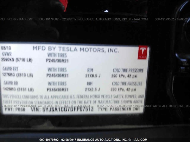 5YJSA1CG7DFP07513 - 2013 TESLA MODEL S შავი ფოტო 9