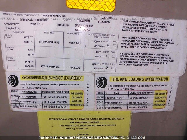 4X4FSAM27FJ030809 - 2015 FOREST RIVER SANDPIPER  米色 照片 9