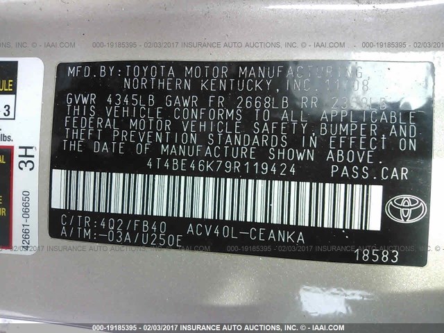 4T4BE46K79R119424 - 2009 TOYOTA CAMRY SE/LE/XLE GOLD photo 9