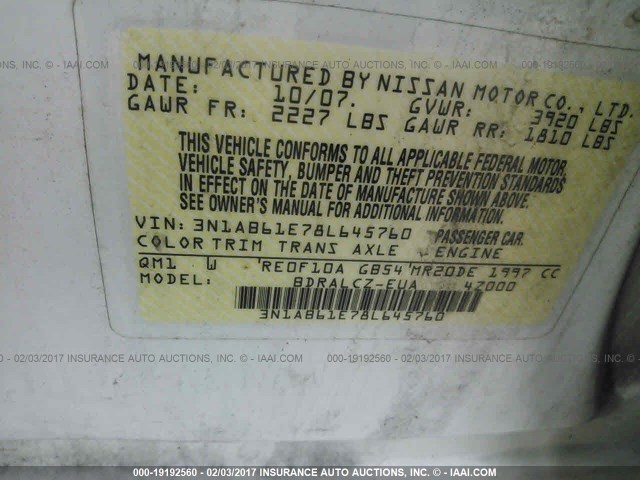 3N1AB61E78L645760 - 2008 NISSAN SENTRA 2.0/2.0S/2.0SL WHITE photo 9