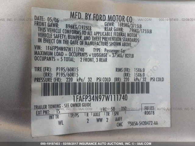 1FAFP34N97W111740 - 2007 FORD FOCUS ZX4/S/SE/SES 银色 照片 9