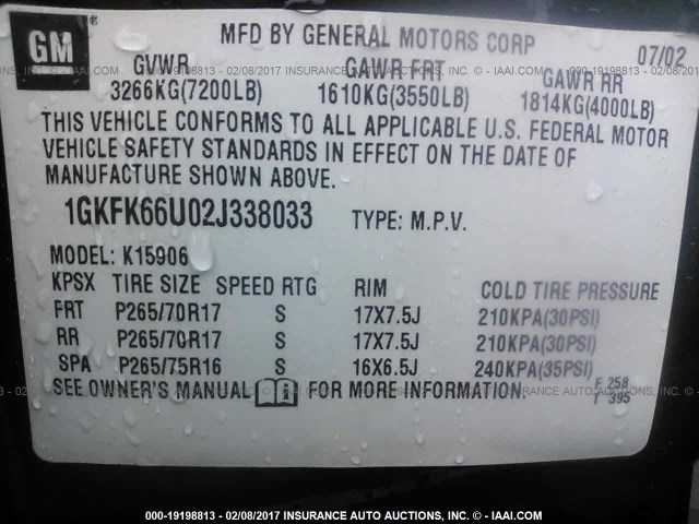 1GKFK66U02J338033 - 2002 GMC DENALI XL K1500 BLACK photo 9