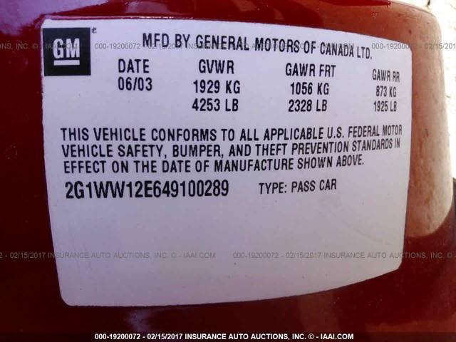 2G1WW12E649100289 - 2004 CHEVROLET MONTE CARLO LS RED photo 9