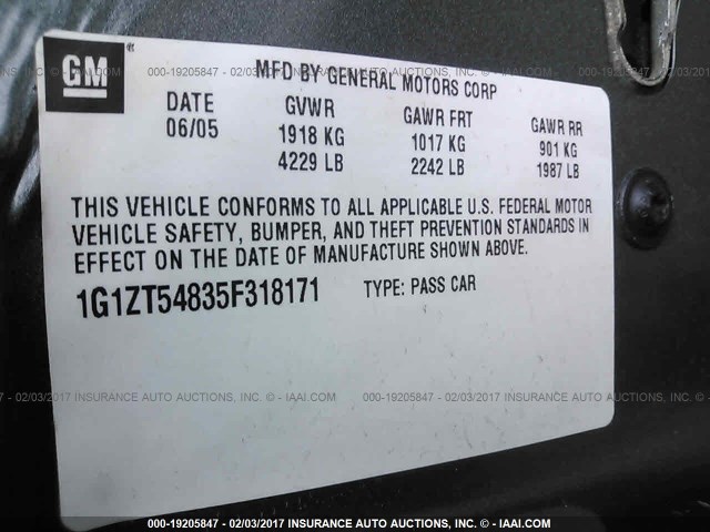 1G1ZT54835F318171 - 2005 CHEVROLET MALIBU LS 灰色 照片 9