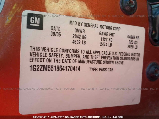 1G2ZM551864170414 - 2006 PONTIAC G6 GTP ORANGE photo 9