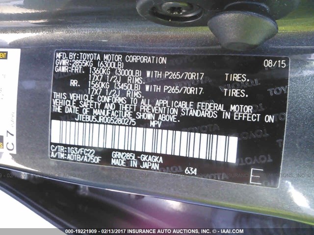 JTEBU5JR0G5280275 - 2016 TOYOTA 4RUNNER SR5 PREM/LTDL/TRAIL/TRD Szary zdjęcie 9