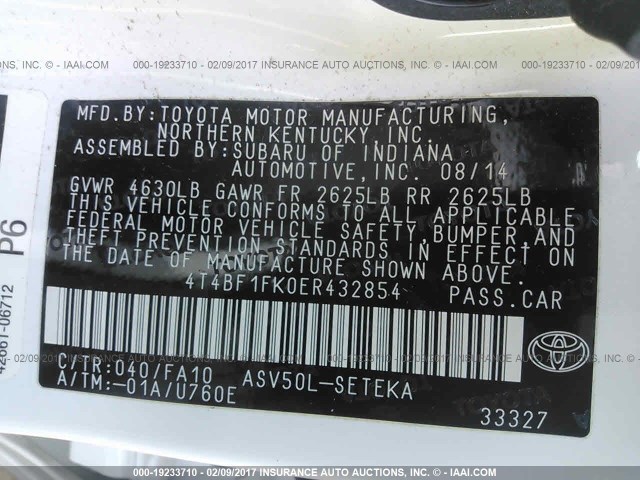 4T4BF1FK0ER432854 - 2014 TOYOTA CAMRY L/SE/LE/XLE 白色 照片 9