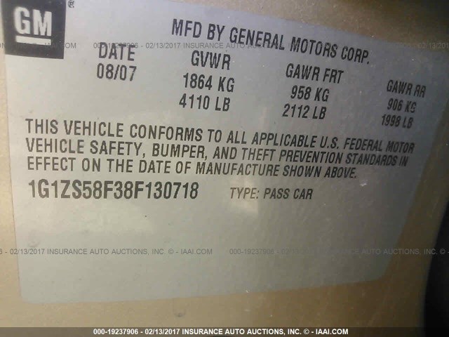 1G1ZS58F38F130718 - 2008 CHEVROLET MALIBU LS Qızıl foto 9