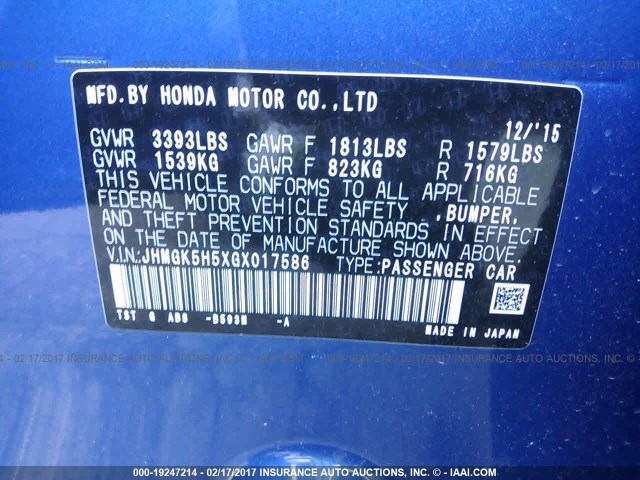 JHMGK5H5XGX017586 - 2016 HONDA FIT LX BLUE photo 9