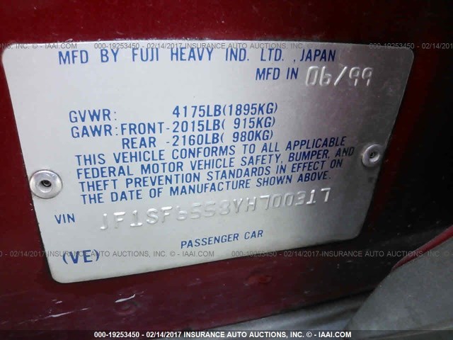 JF1SF6558YH700317 - 2000 SUBARU FORESTER S Qırmızı foto 9