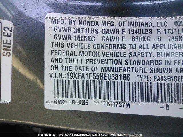 19XFA1F55BE038186 - 2011 HONDA CIVIC LX GRAY photo 9