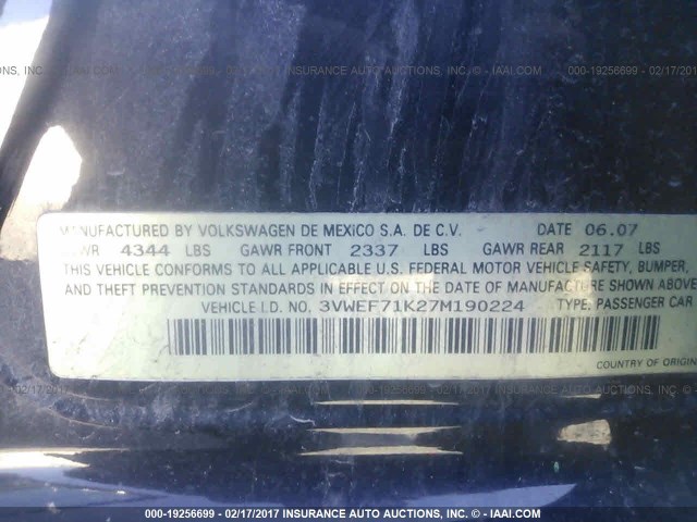 3VWEF71K27M190224 - 2007 VOLKSWAGEN JETTA WOLFSBURG 黑色 照片 9