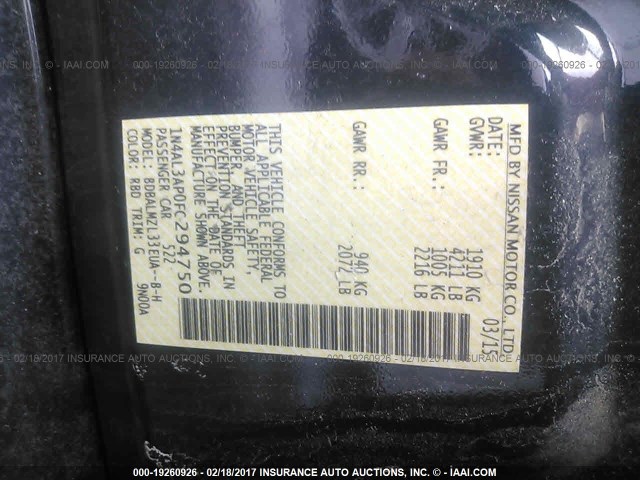 1N4AL3AP0FC294750 - 2015 NISSAN ALTIMA 2.5/S/SV/SL Қара фото 9