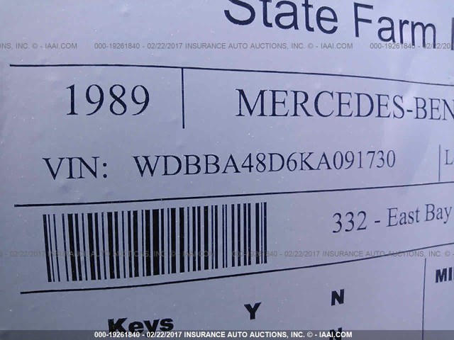 WDBBA48D6KA091730 - 1989 MERCEDES-BENZ 560 SL GRAY photo 9