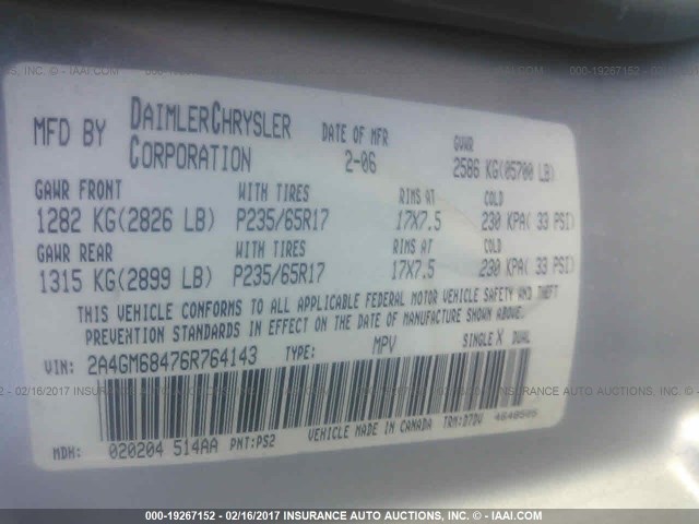 2A4GM68476R764143 - 2006 CHRYSLER PACIFICA TOURING SILVER photo 9