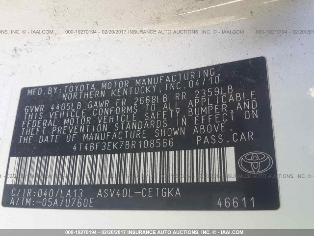 4T4BF3EK7BR108566 - 2011 TOYOTA CAMRY SE/LE/XLE WHITE photo 9