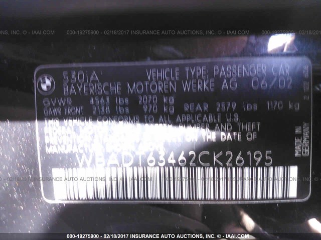 WBADT63462CK26195 - 2002 BMW 530 I AUTOMATIC BLACK photo 9