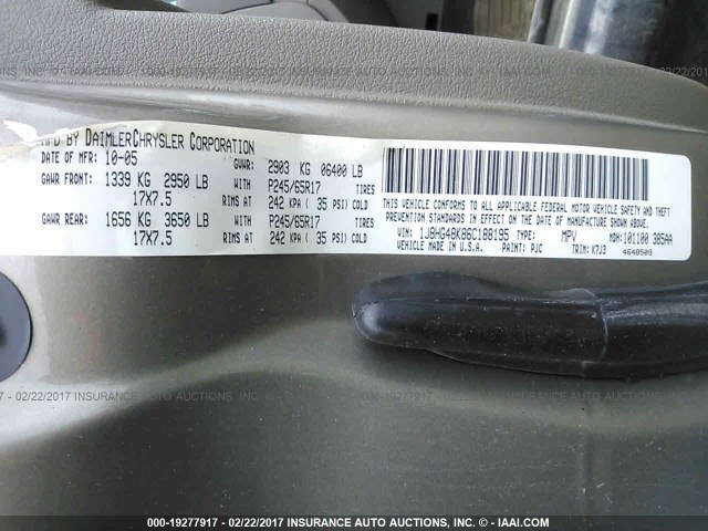 1J8HG48K86C188195 - 2006 JEEP COMMANDER BROWN photo 9