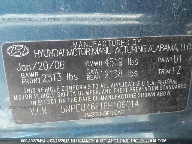 5NPEU46F16H106014 - 2006 HYUNDAI SONATA GLS/LX GREEN photo 9