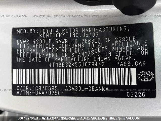 4T1BE32K55U078442 - 2005 TOYOTA CAMRY LE/XLE/SE SILVER photo 9