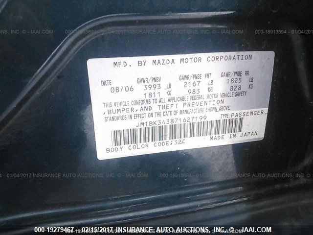 JM1BK343871627199 - 2007 MAZDA 3 HATCHBACK BLUE photo 9