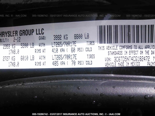 3C6TD5NT4CG182472 - 2012 DODGE RAM 2500 LARAMIE BLACK photo 9