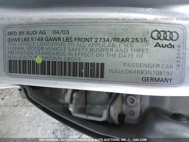 WAULD64B83N108192 - 2003 AUDI A6 2.7T QUATTRO SILVER photo 9