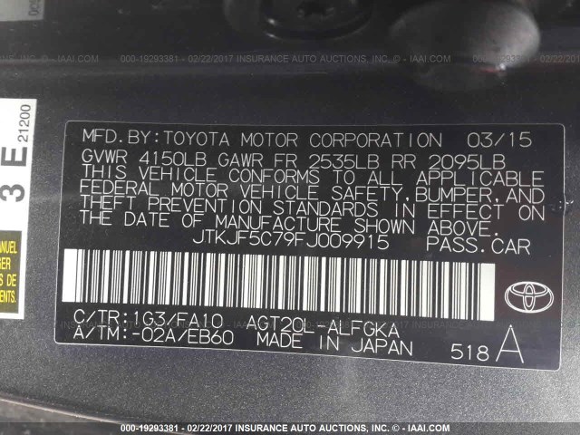 JTKJF5C79FJ009915 - 2015 TOYOTA SCION TC GRAY photo 9